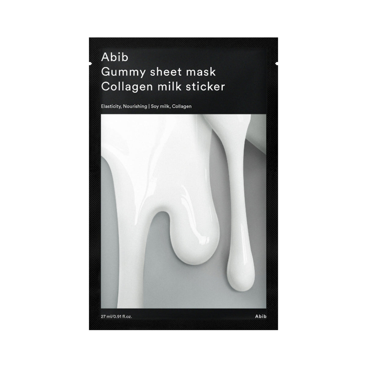Abib Gummy sheet mask Collagen milk sticker, 27ml sheet mask in black packaging with a white milky liquid design.