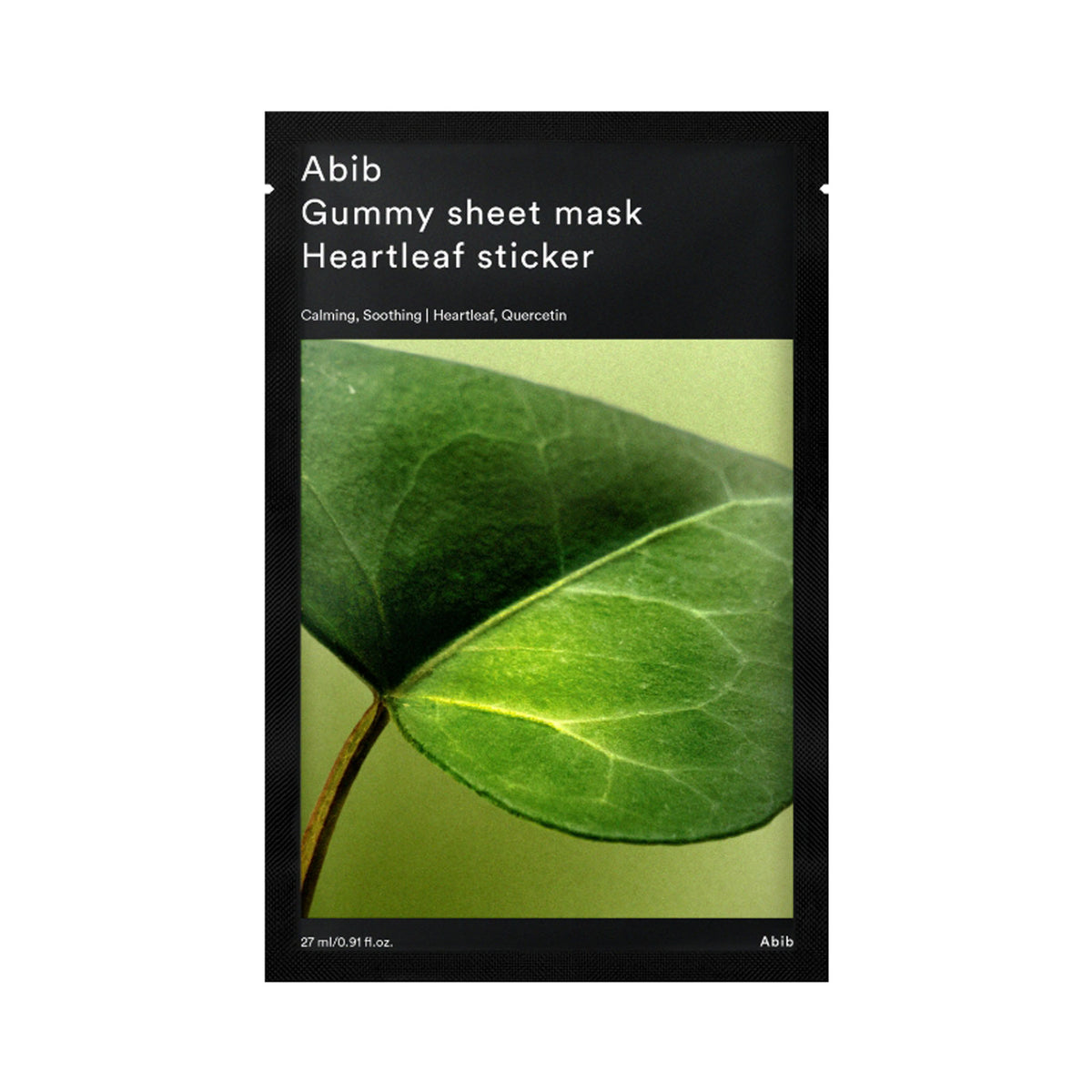Abib Gummy sheet mask Heartleaf sticker, 27ml single-sheet mask in black packaging with a green heartleaf design.