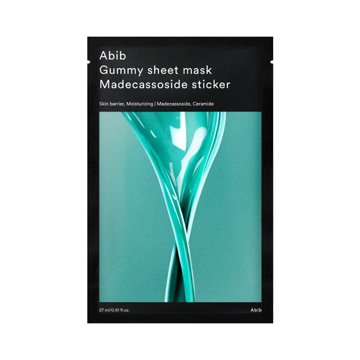 Abib Gummy sheet mask Madecassoside sticker, 27ml single-sheet mask in black packaging with a turquoise gel design.
