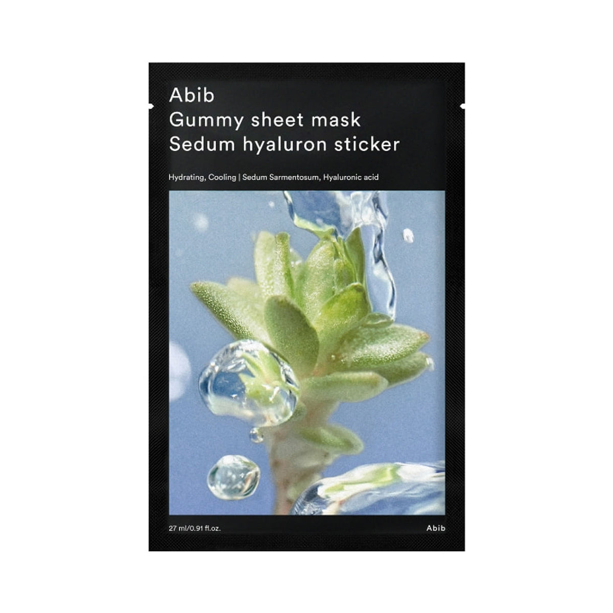 Abib Gummy sheet mask Sedum hyaluron sticker, 27ml sheet mask in black packaging with a green succulent and water droplets.