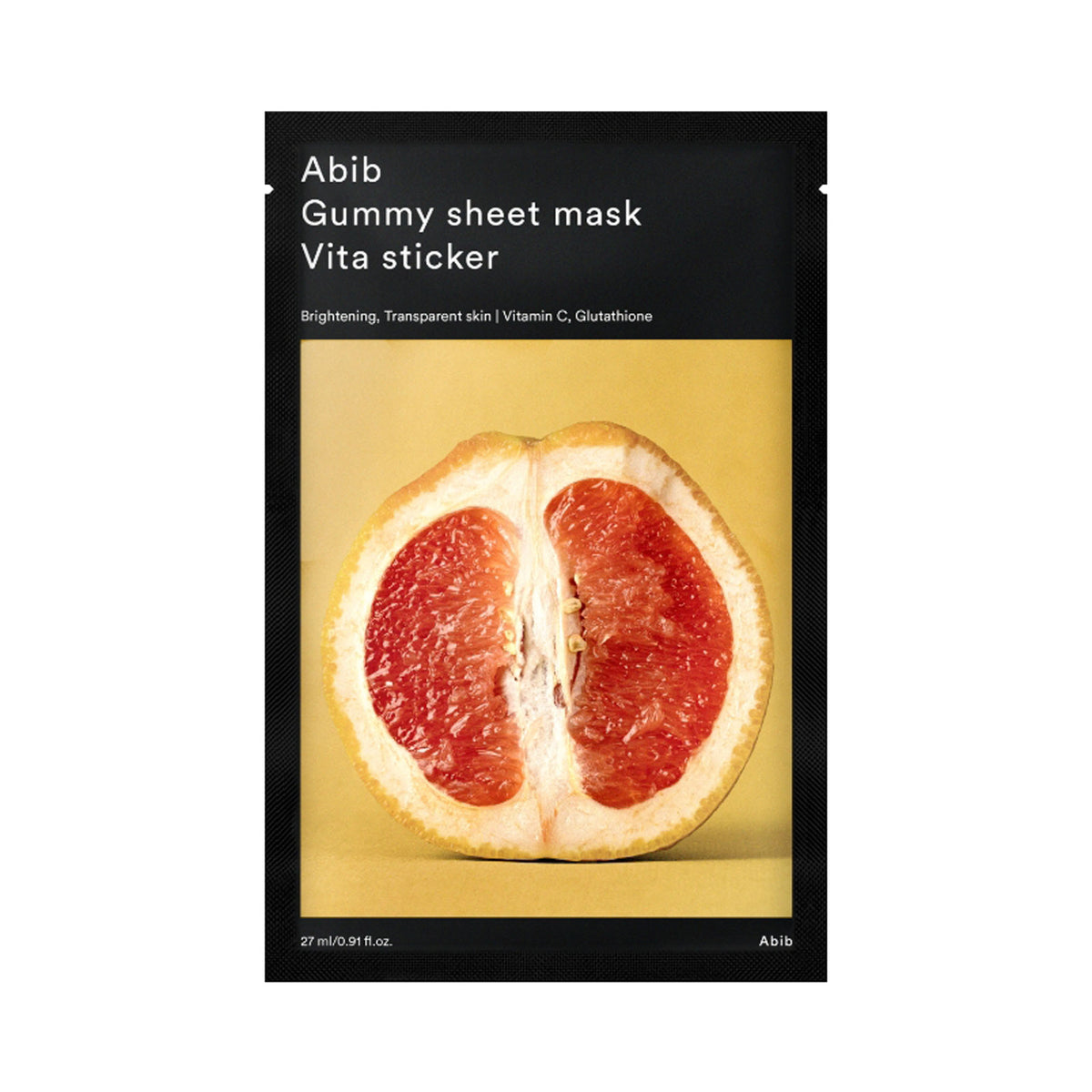 Abib Gummy sheet mask Vita sticker, 27ml sheet mask in black packaging featuring a halved pink grapefruit on a yellow background.