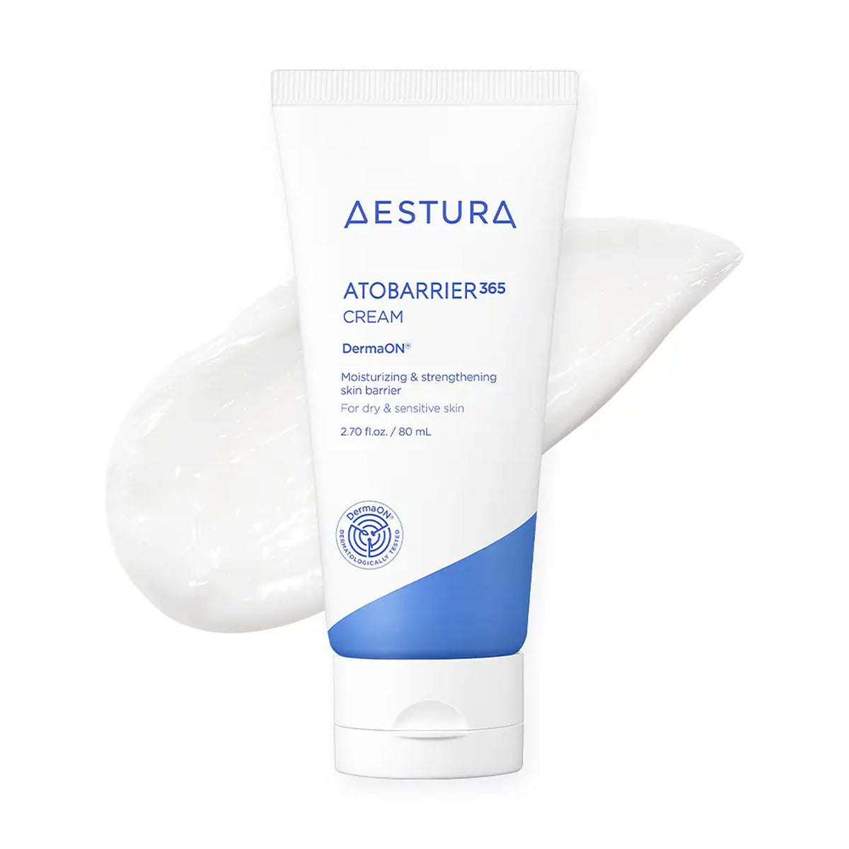 AESTURA ATOBARRIER365 CREAM 80ml white tube with blue accents, displayed in front of a white cream swatch.