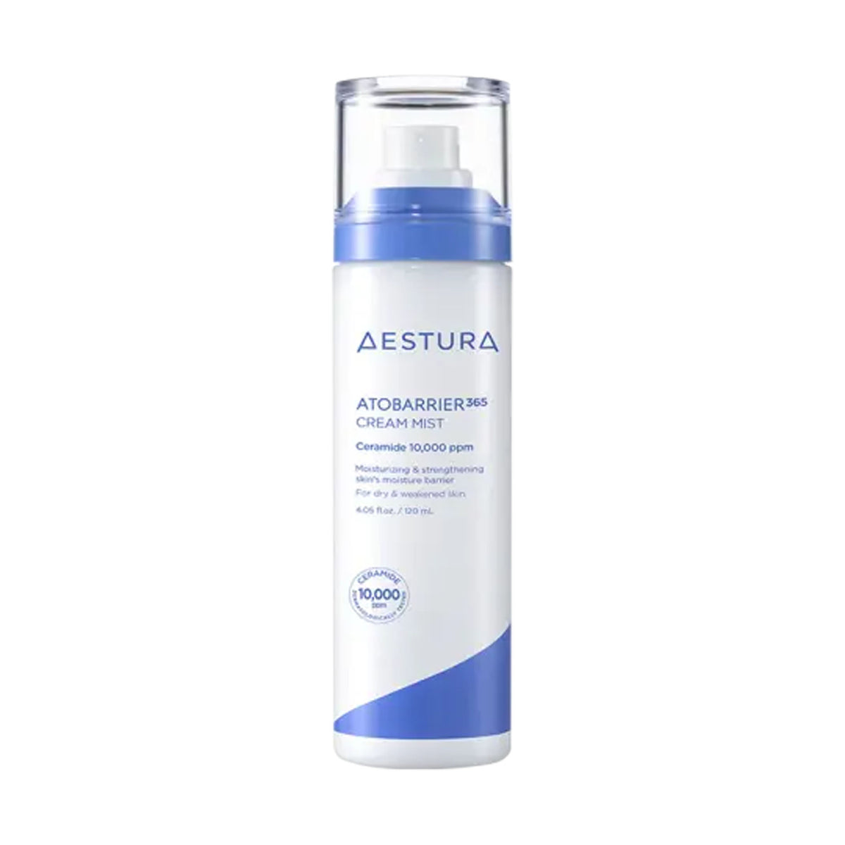 AESTURA ATOBARRIER365 CREAM MIST 120ml white spray bottle with blue accents and a transparent cap.