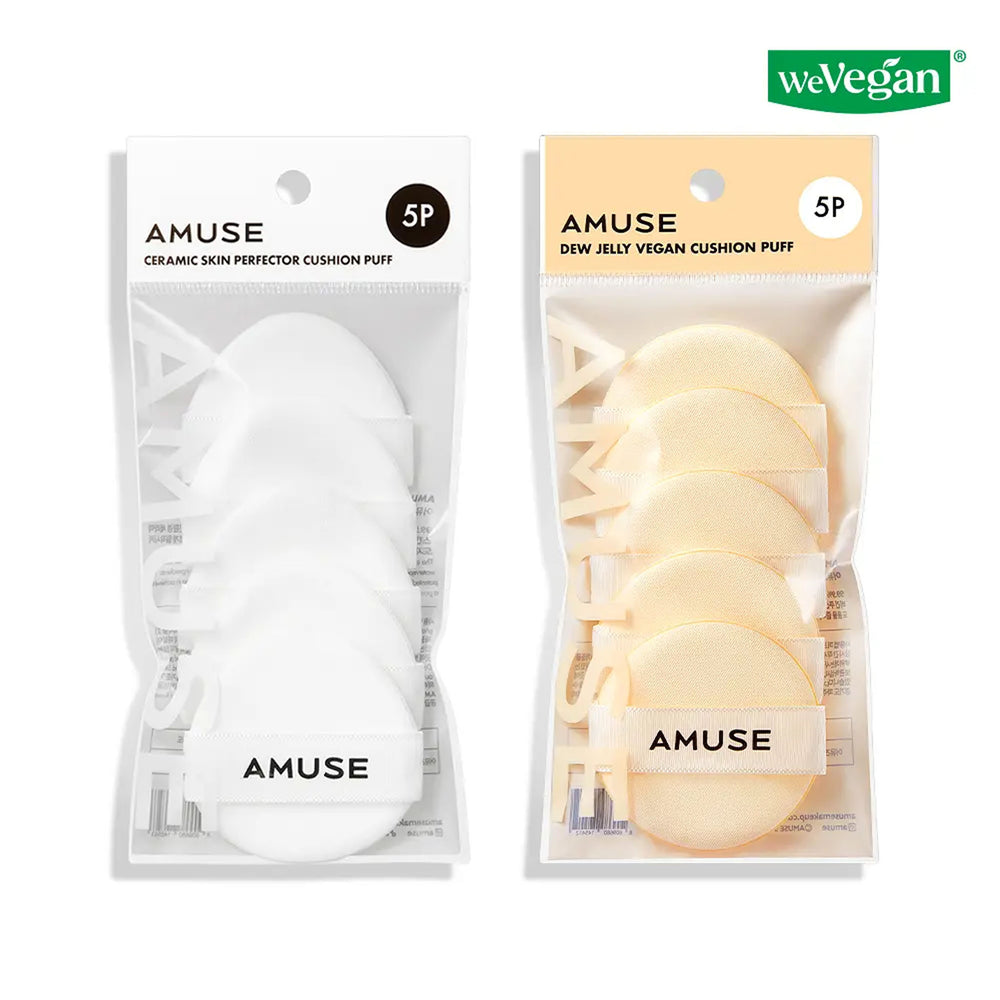 AMUSE Ceramic Skin Perfector Cushion Puff 5P in white and Dew Jelly Vegan Cushion Puff 5P in beige, shown side by side.